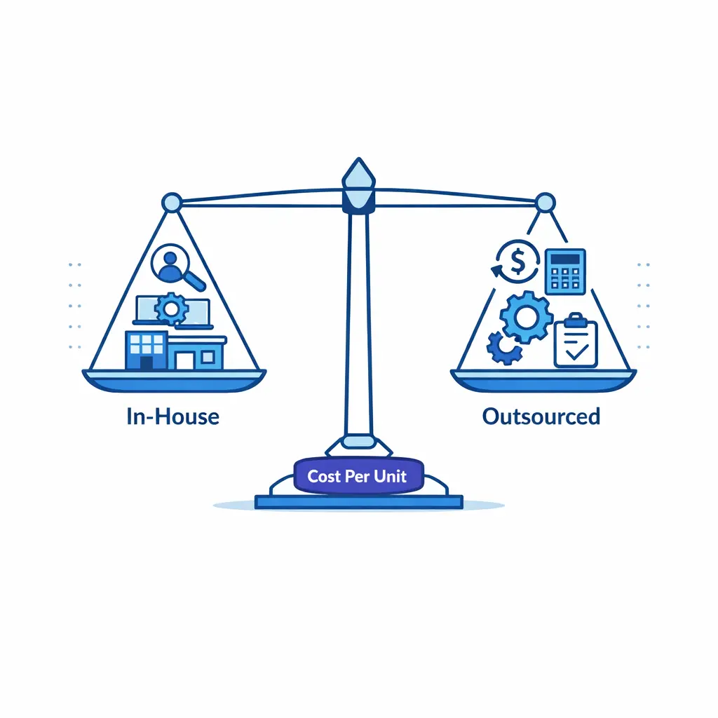 A balanced scale comparing total cost per qualified outcome between in-house and outsourced models.
