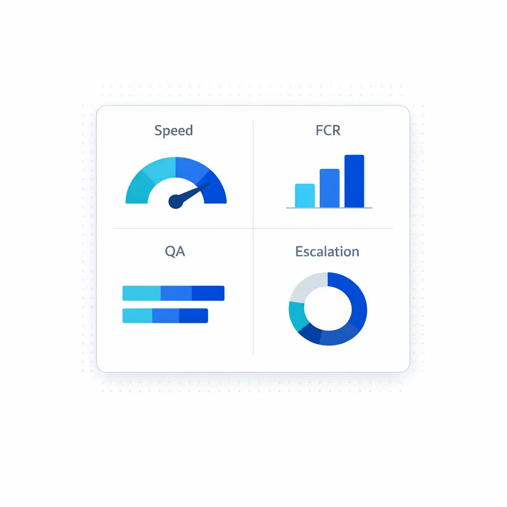 A simple dashboard visual highlights speed to answer, first-contact resolution, QA score, and escalation time.