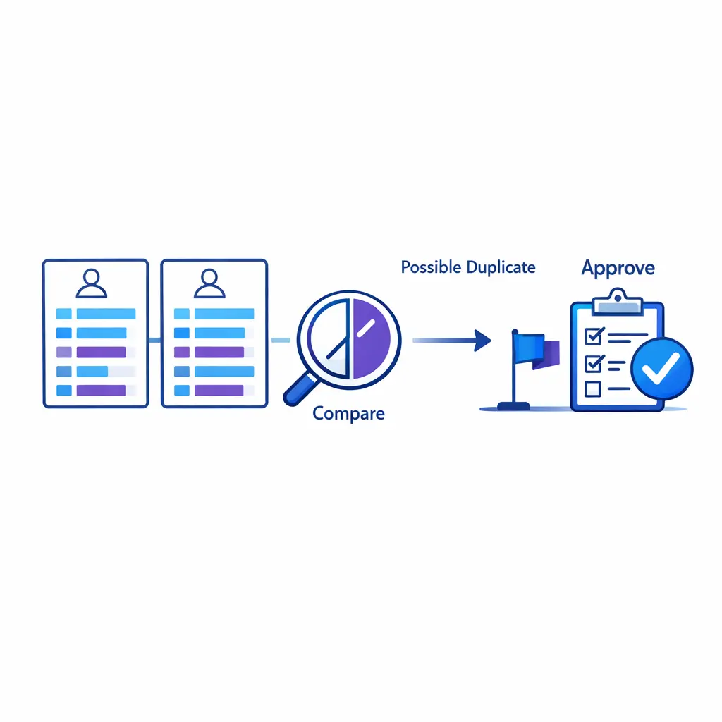 Two similar records are compared side by side before an in-house approval merge step.