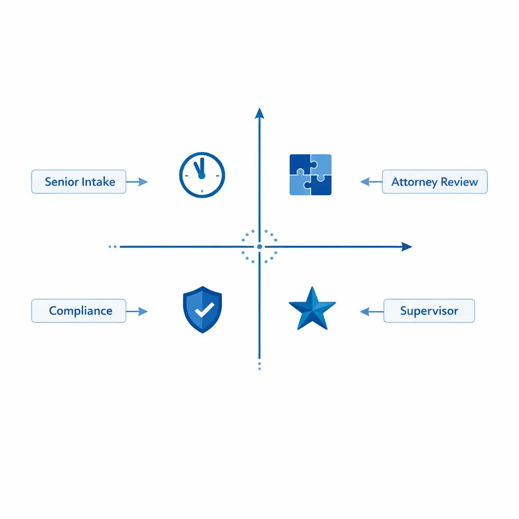 A 2x2 matrix routes cases by urgency and complexity to the right escalation owner.