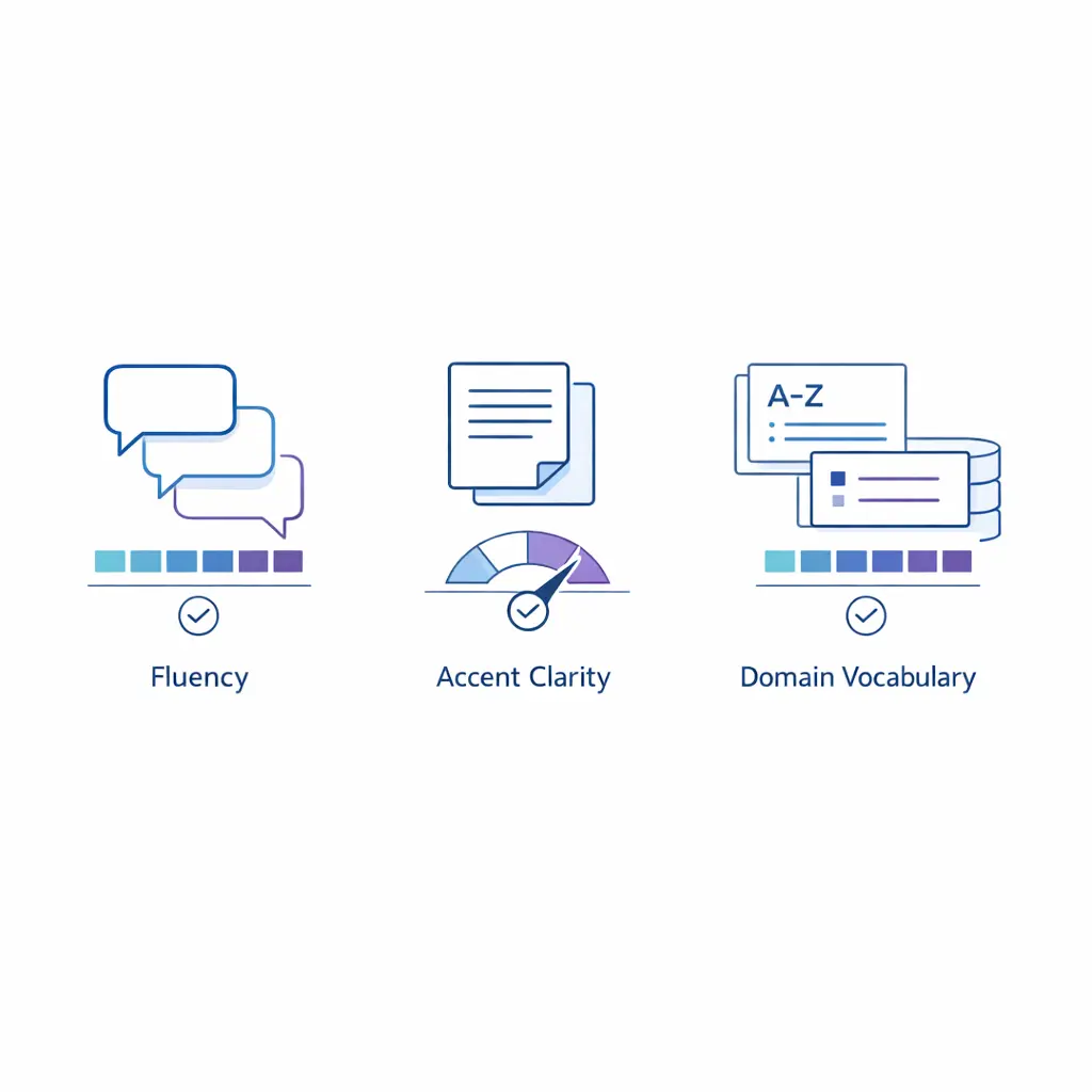 A refined comparison graphic distinguishes native-level clarity, terminology accuracy, and conversational fluency for high-stakes intake.