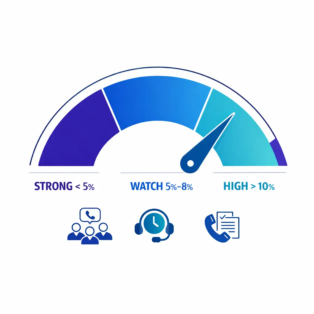 A clean three-zone gauge shows under 5 percent as strong, 5 to 8 percent as watch, and over 10 percent as high.