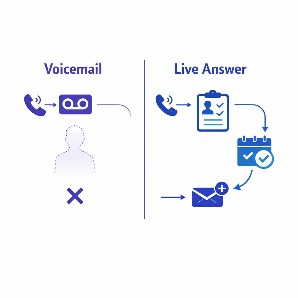 A voicemail dead end is contrasted with a live-answer path that captures new patient opportunities.