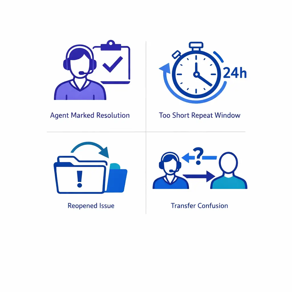 Four compact icons highlight common FCR mistakes like short windows, false positives, and transfer confusion.