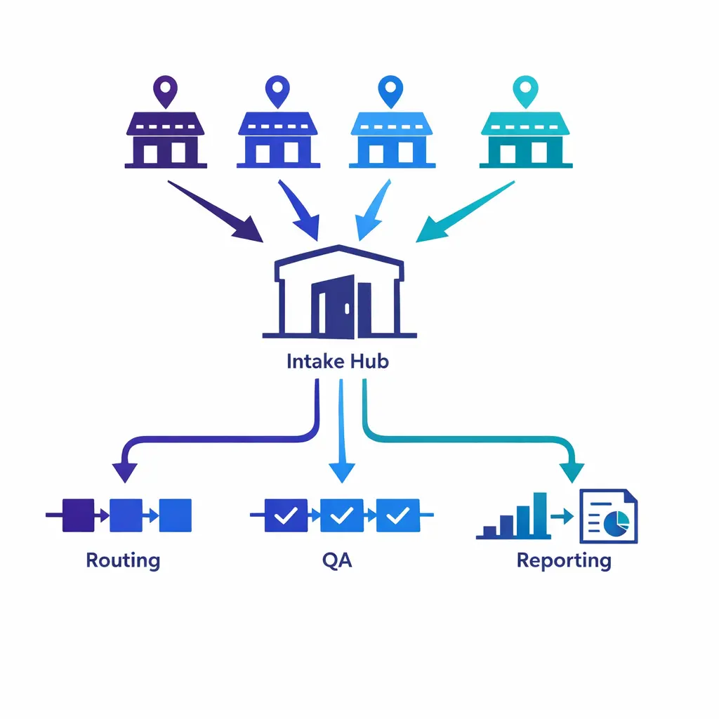 Several locations connect to one standardized intake hub with consistent routing and QA paths.