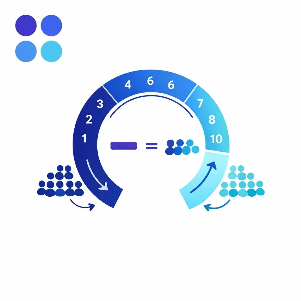 A circular score wheel groups customers into promoters, passives, and detractors on a 0 to 10 scale.