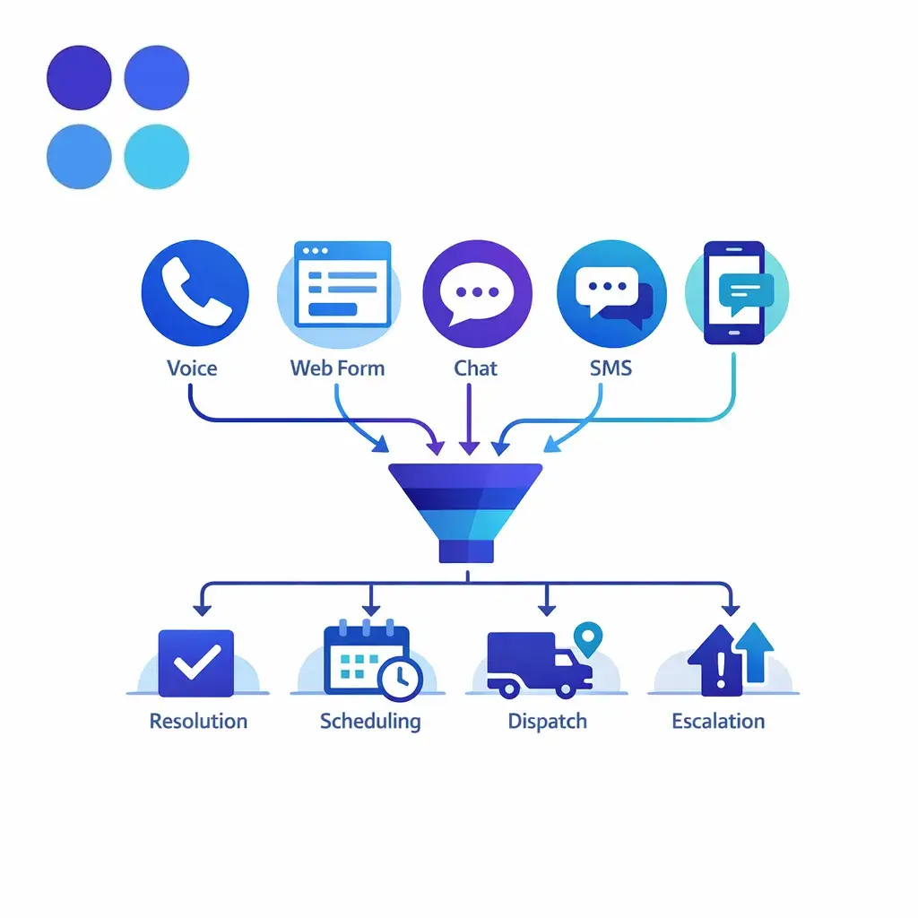 Voice, chat, SMS, and web forms converge into one controlled intake and escalation workflow.