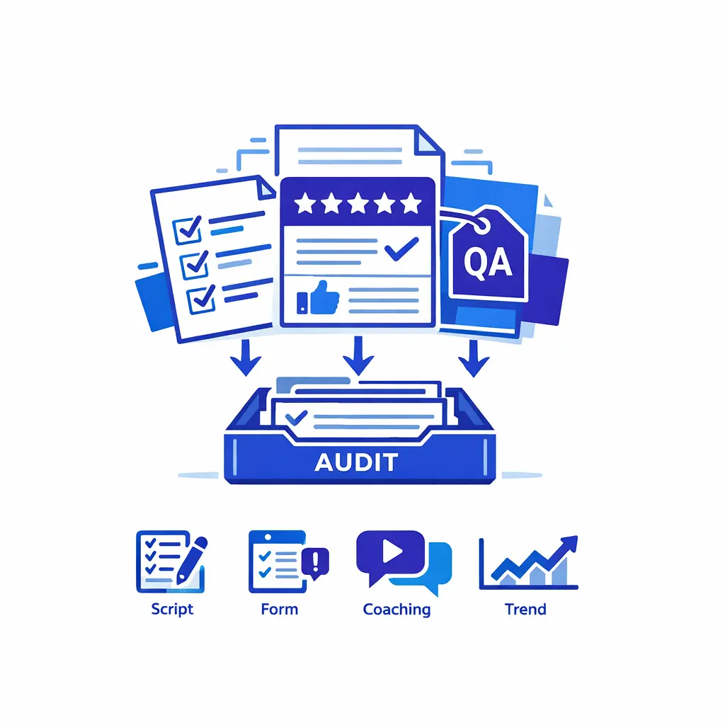 Layered scorecards and checklists visualize intake QA administration without showing customer-facing conversations.