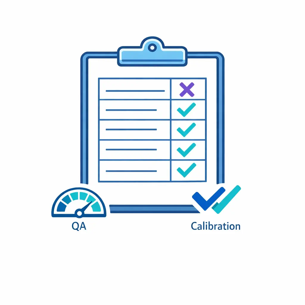 A simple scorecard with checkmarks shows QA scoring and weekly calibration alignment.