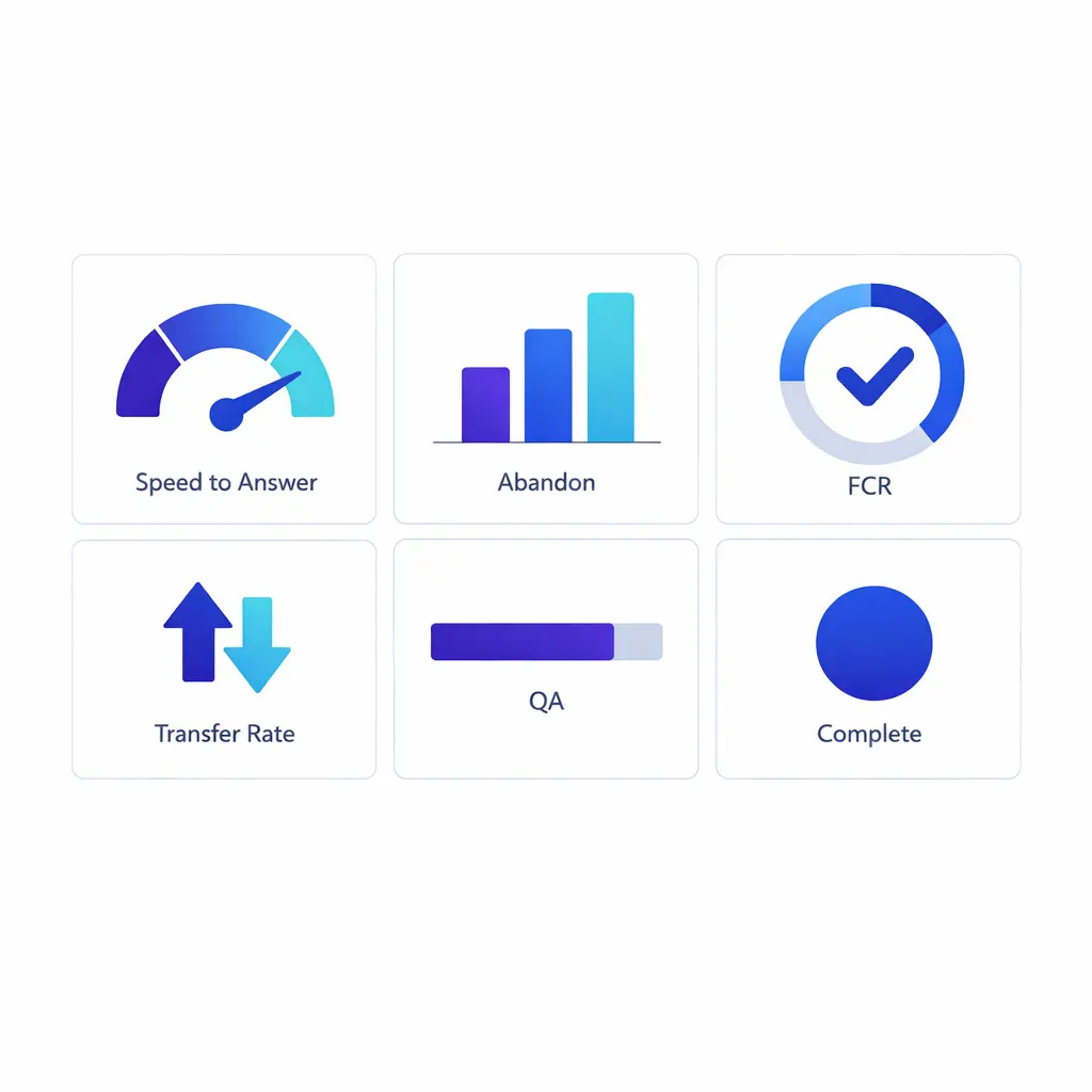A concise dashboard displays answer speed, abandonment, transfers, QA, and workflow completion for Spanish support.