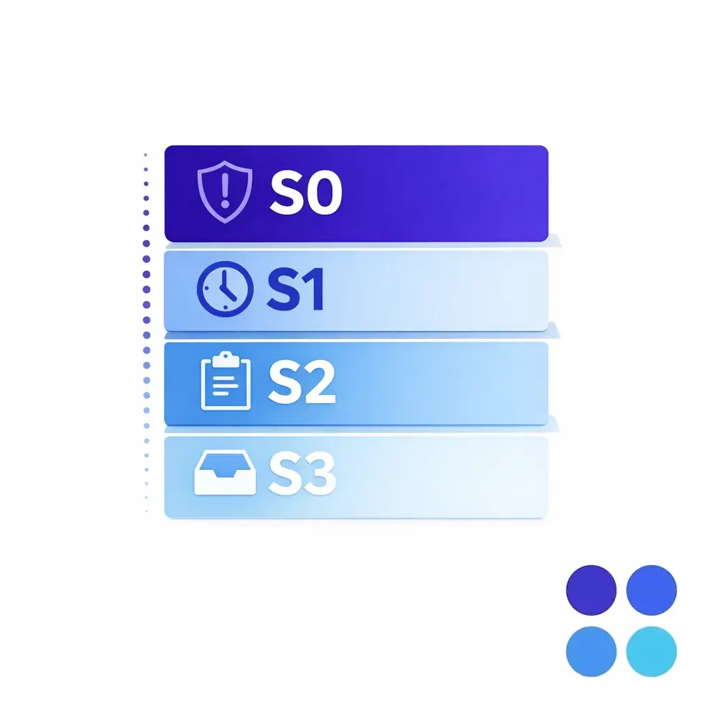 Four stacked severity cards show S0 to S3 with increasing urgency cues.