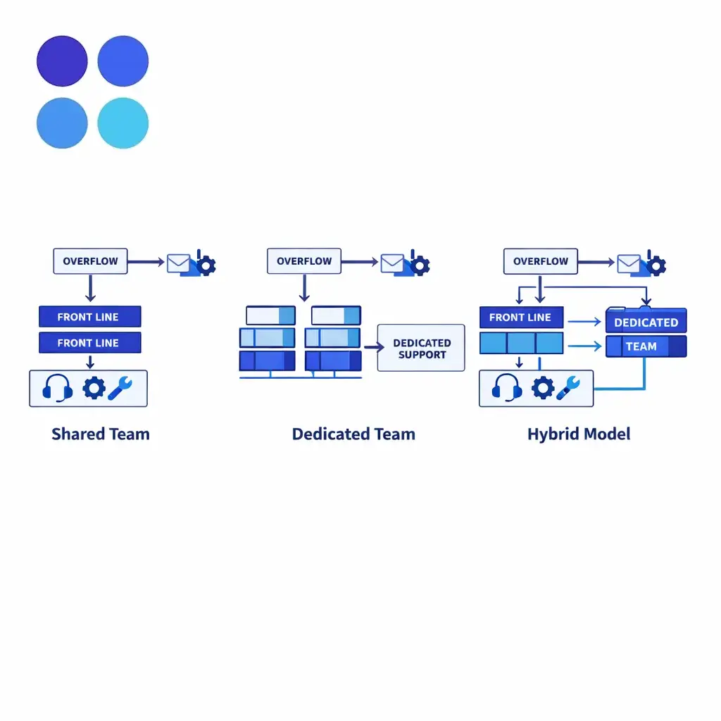 A modular team diagram shows shared, dedicated, and hybrid support structures in blue blocks.