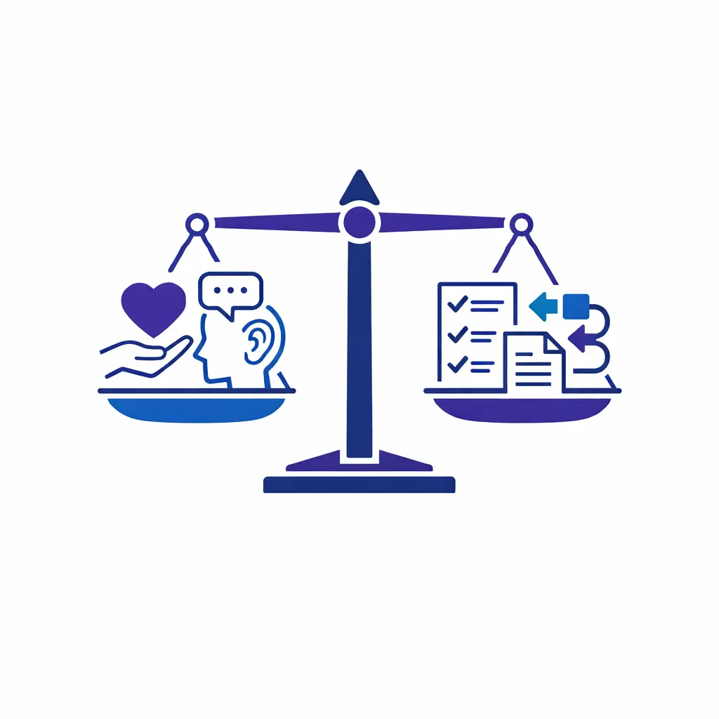 A balanced scale compares empathy and tone with verification and documentation.