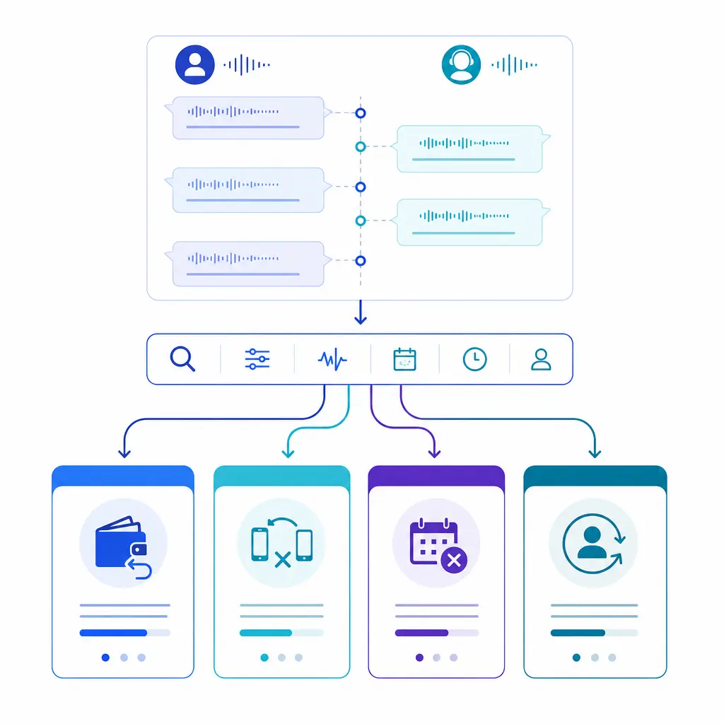 A split transcript with agent and caller lanes feeds filters for refund, transfer, and booking issues.
