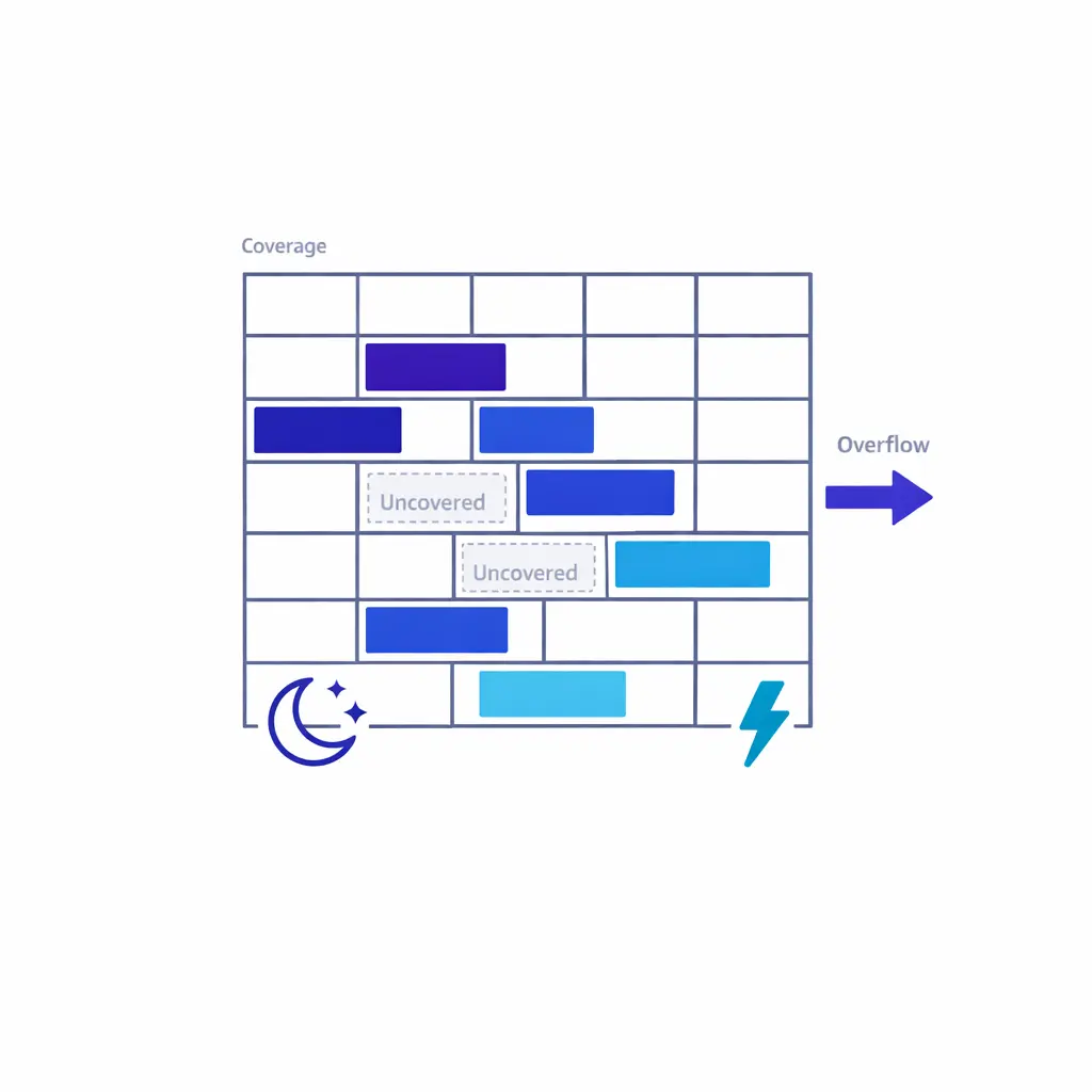 A staffing grid shows shifts, overflow, after-hours, and surge coverage with visible weak spots in the schedule.
