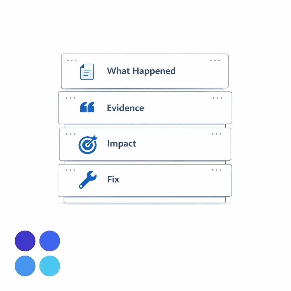 Four stacked cards show the required audit notes: what happened, evidence, impact, and fix.