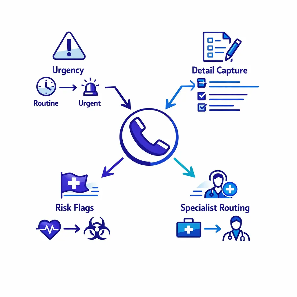 A phone triage flow branches through urgency, qualification, and specialist routing.