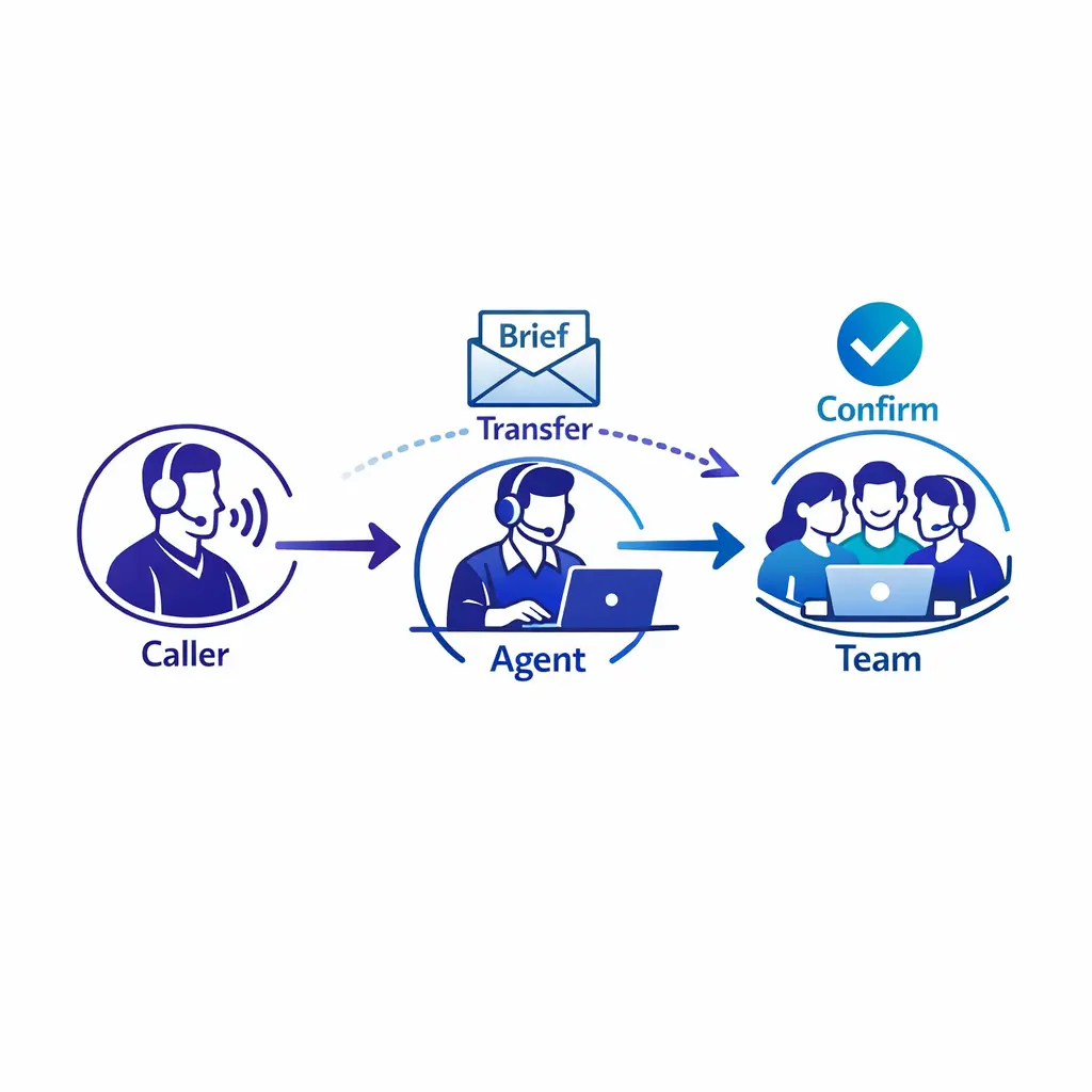 A handoff diagram shows one team briefing another before transferring a caller to reduce repetition.