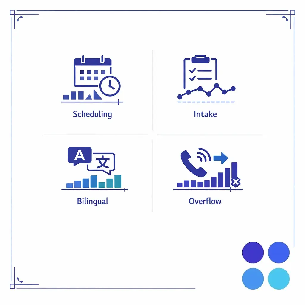 Different queue icons for scheduling, intake, bilingual, and overflow show why one benchmark cannot fit all.