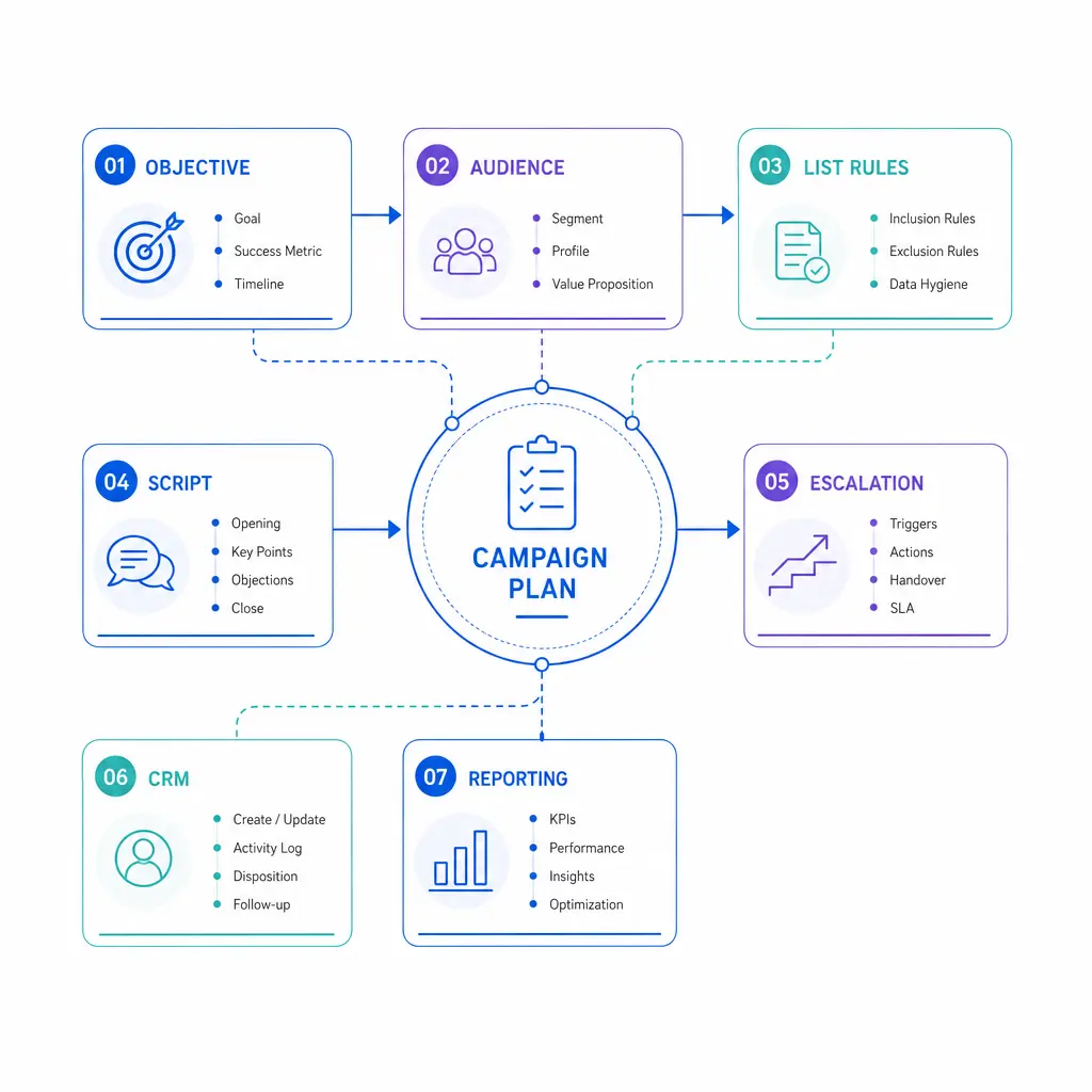 A blueprint-style layout maps objective, audience, script, rules, and reporting into one campaign plan.