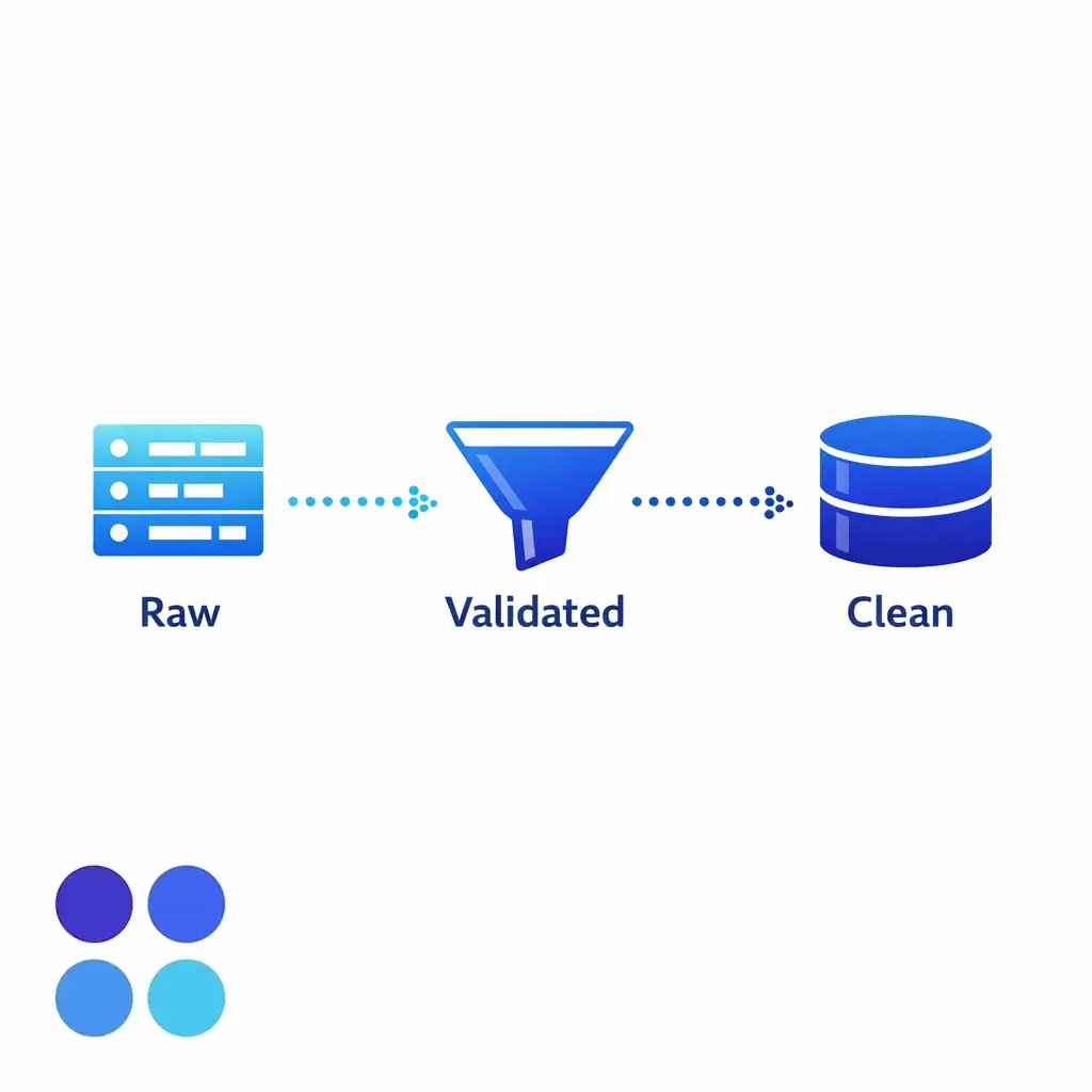 A pipeline moves raw entries through validation into clean structured records.
