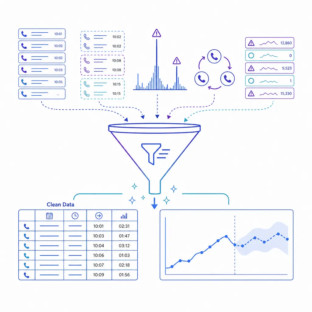 Messy data points are filtered into a clean dataset ready for reliable forecasting.