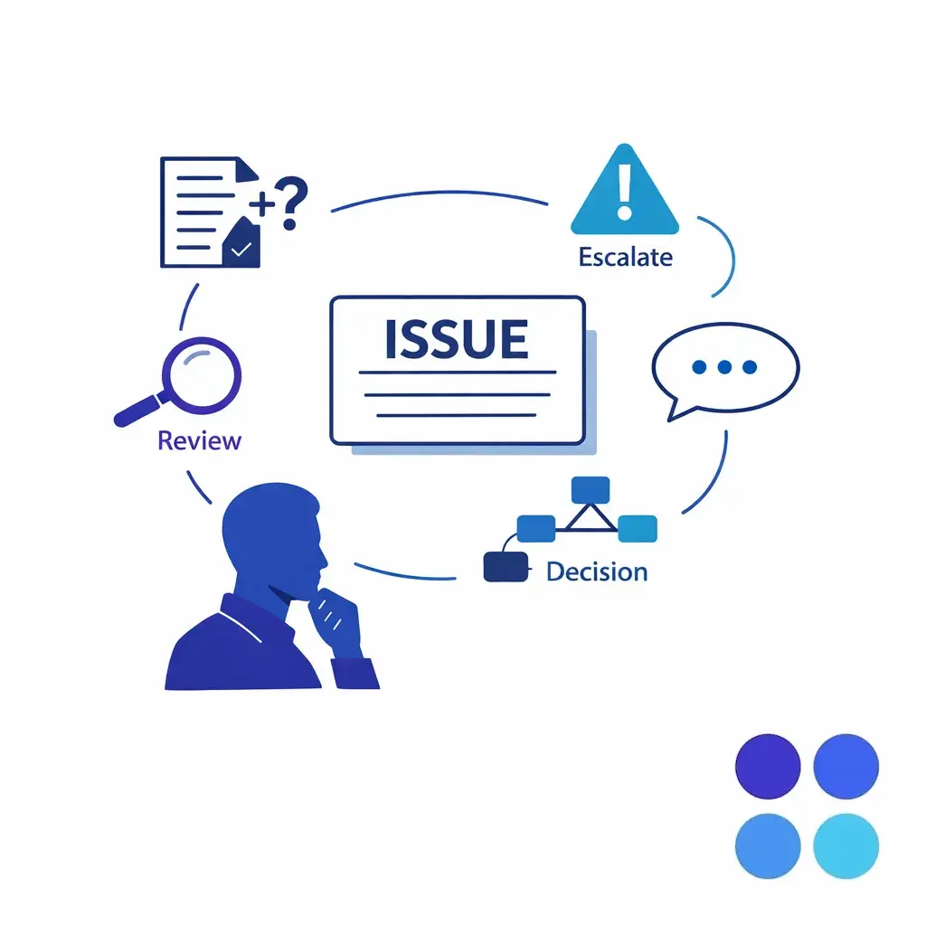 A layered issue card with warning, document, and empathy icons shows why complex cases require reactive support.