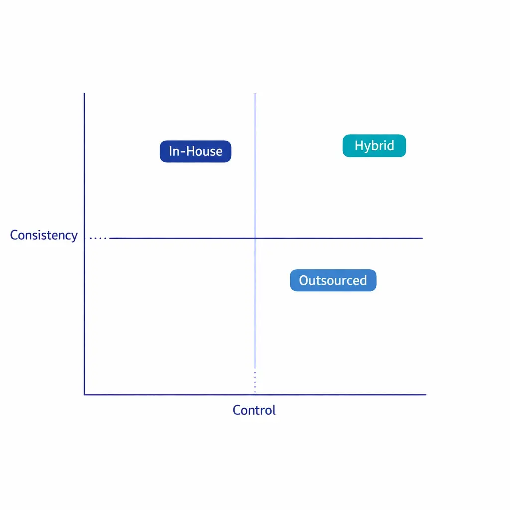 A 2x2 matrix mapping control and consistency to illustrate tradeoffs between in-house and outsourced teams.