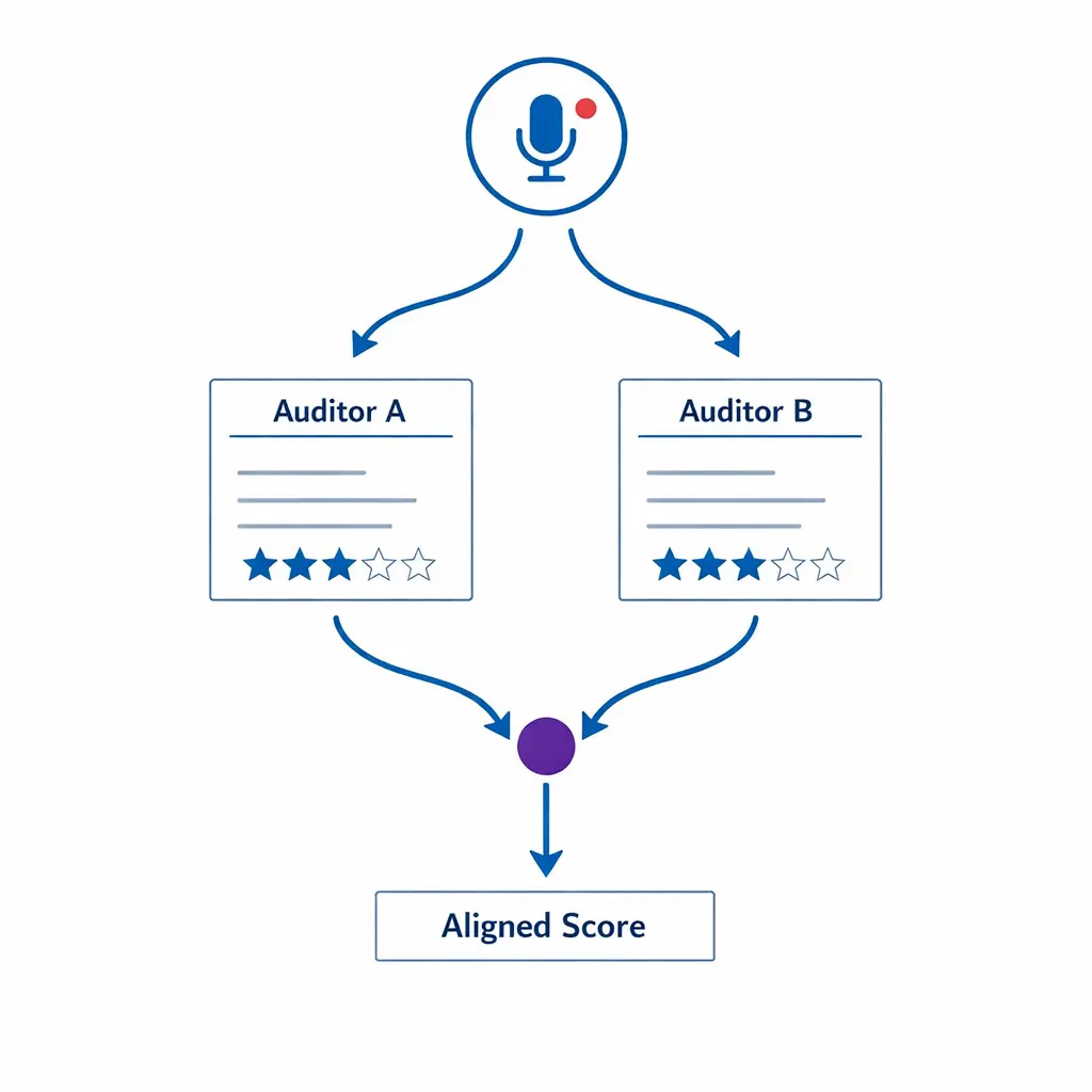 Two auditors score the same call, then converge to a single aligned score with arrows and dots.