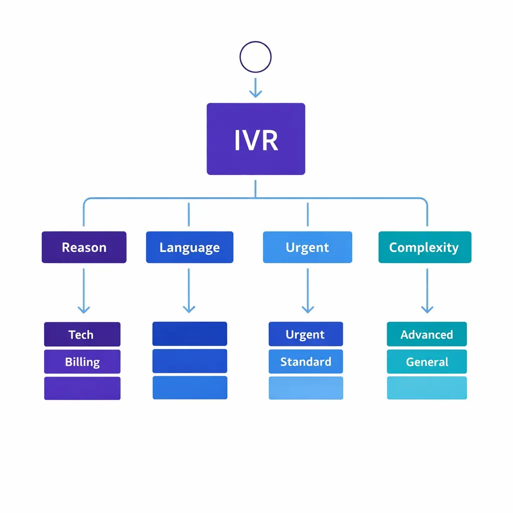 An IVR routing tree sorts callers by need, urgency, language, and complexity into the right queue.