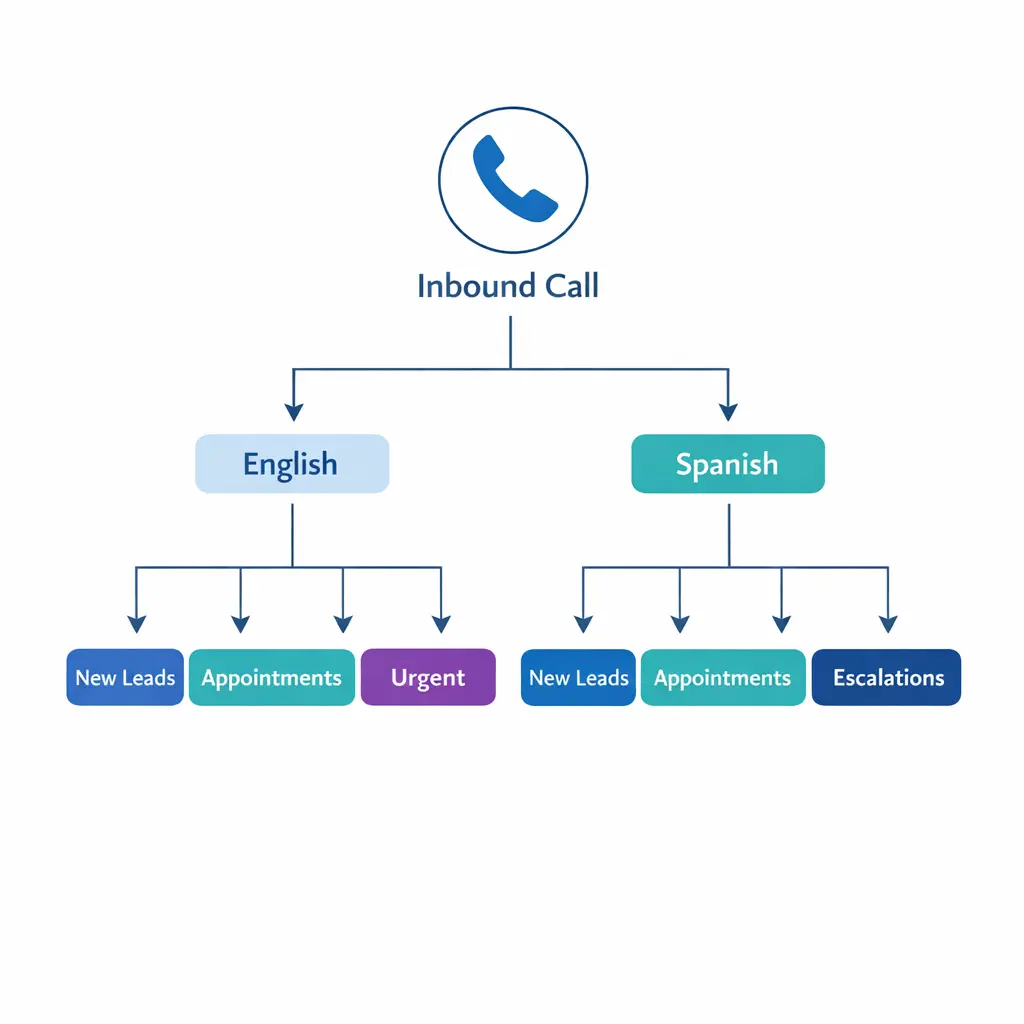 An IVR tree routes English and Spanish callers into the right specialized queue.