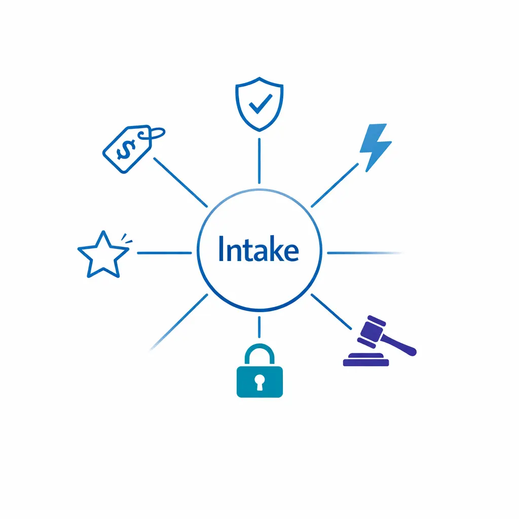 A hub-and-spoke map groups key intake event categories for escalation decisions.