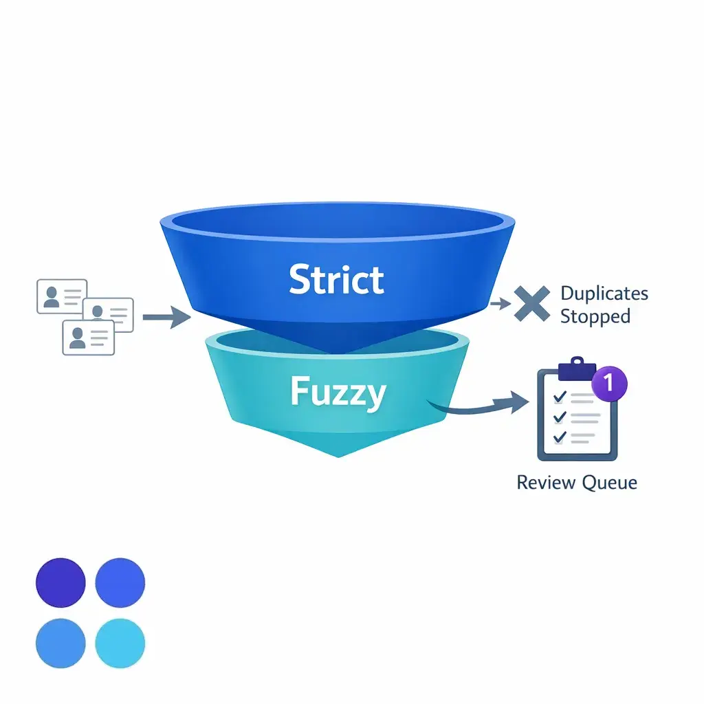 A layered matching funnel separates strict matches from fuzzy matches for review.