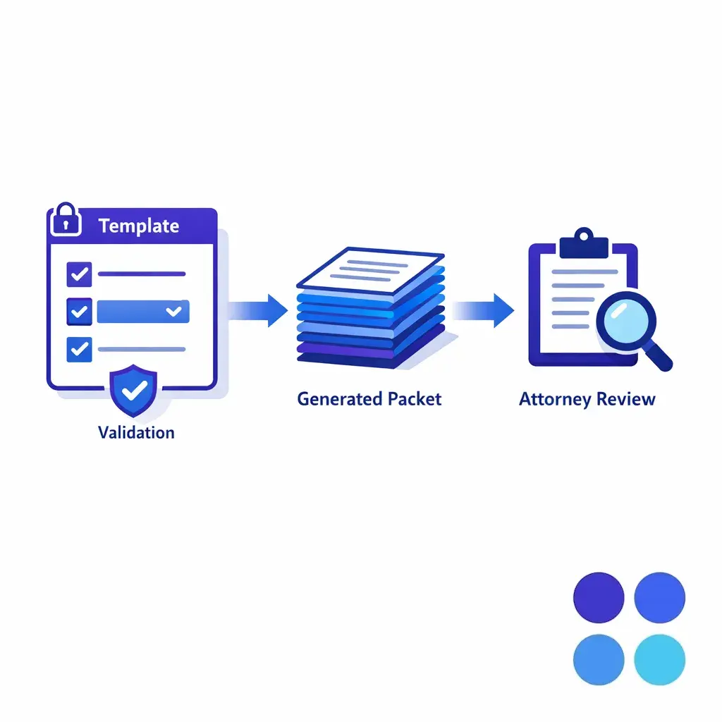 A standardized intake packet is assembled from locked templates with required fields and validation.