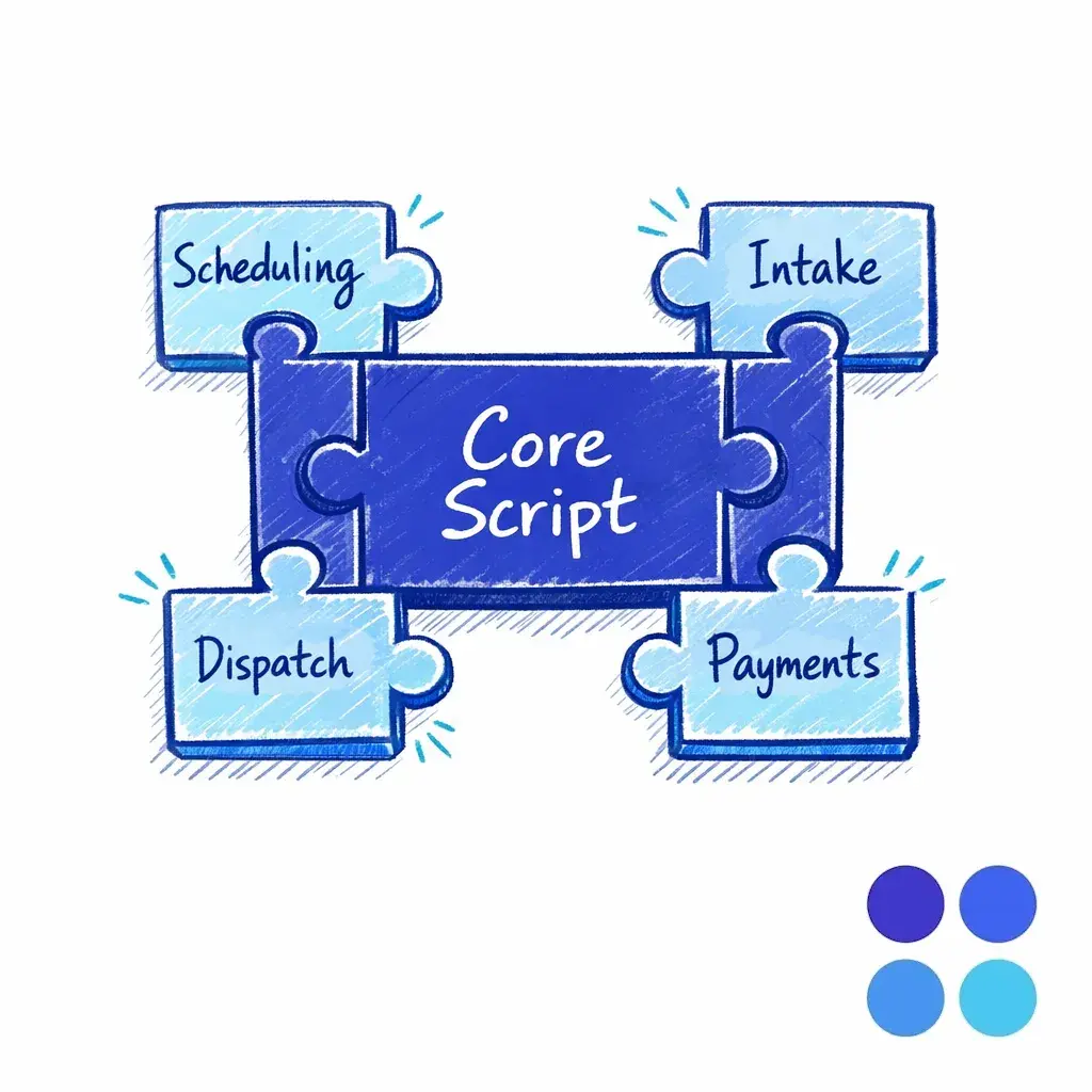 Interlocking blocks represent a core script with add-on modules for scheduling, payments, dispatch, and intake.