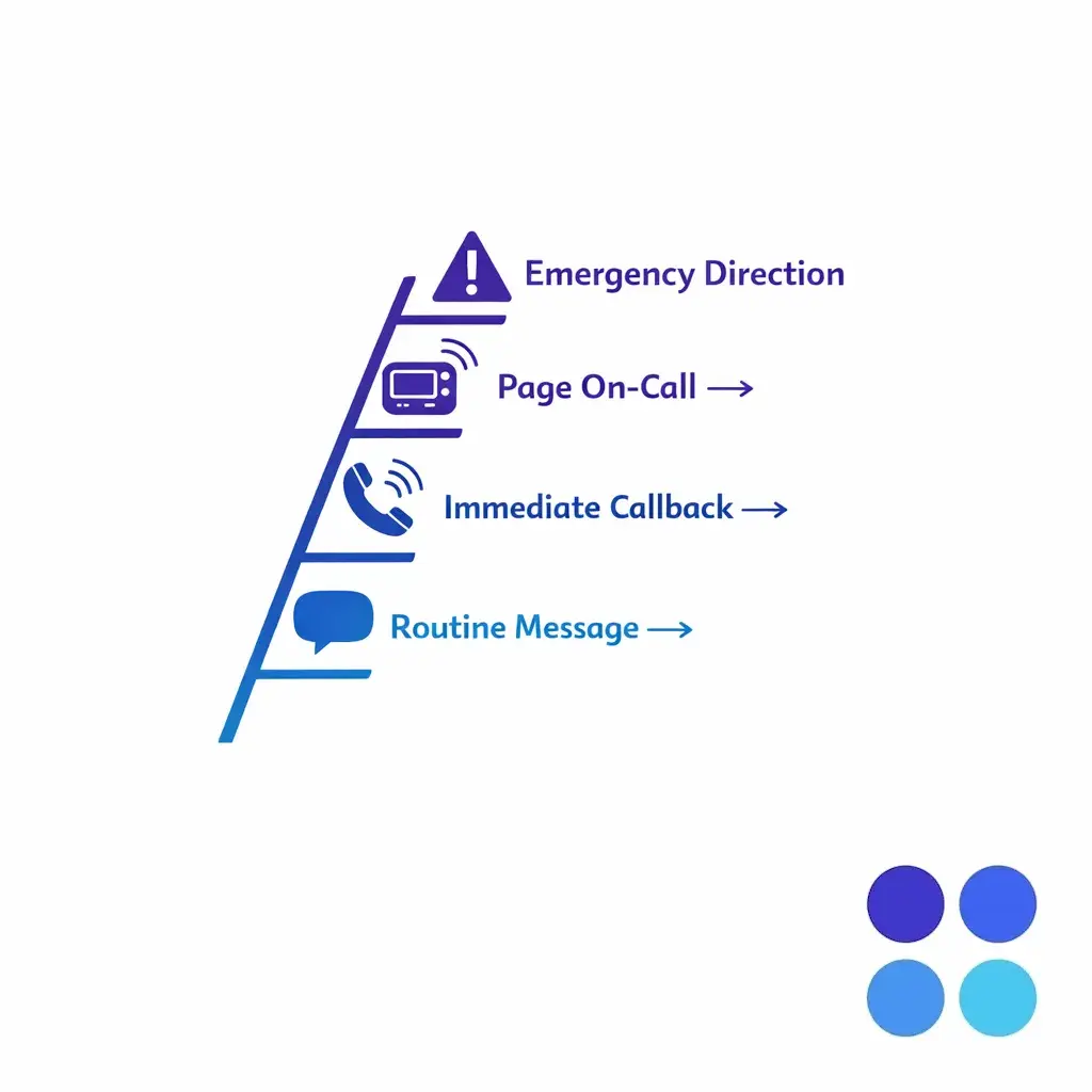 A tiered escalation ladder shows routine messages, urgent callbacks, paging, and emergency direction steps.