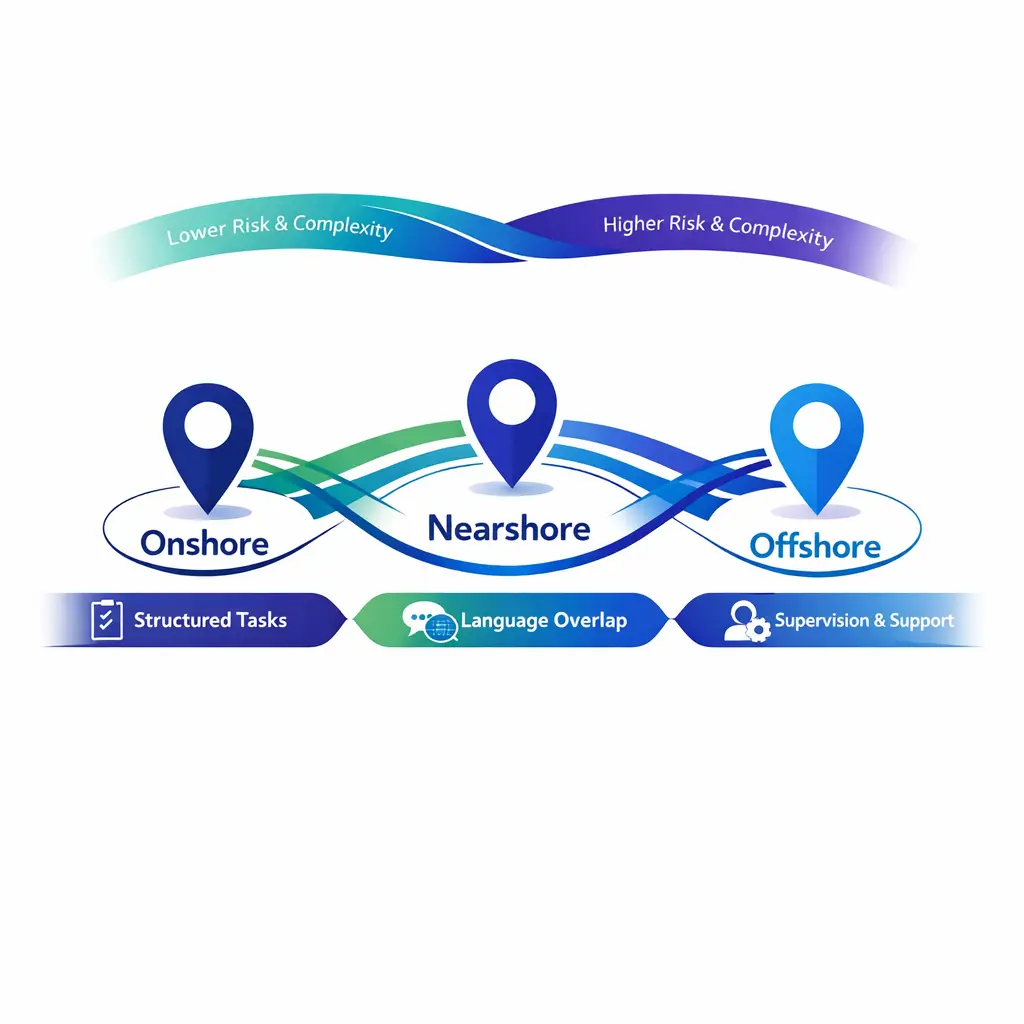 A clean location strategy map links support geography choices to workflow complexity and risk.