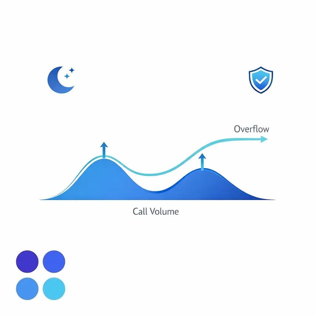 Call volume peaks route to an overflow lane to protect answered calls during surges and after-hours gaps.