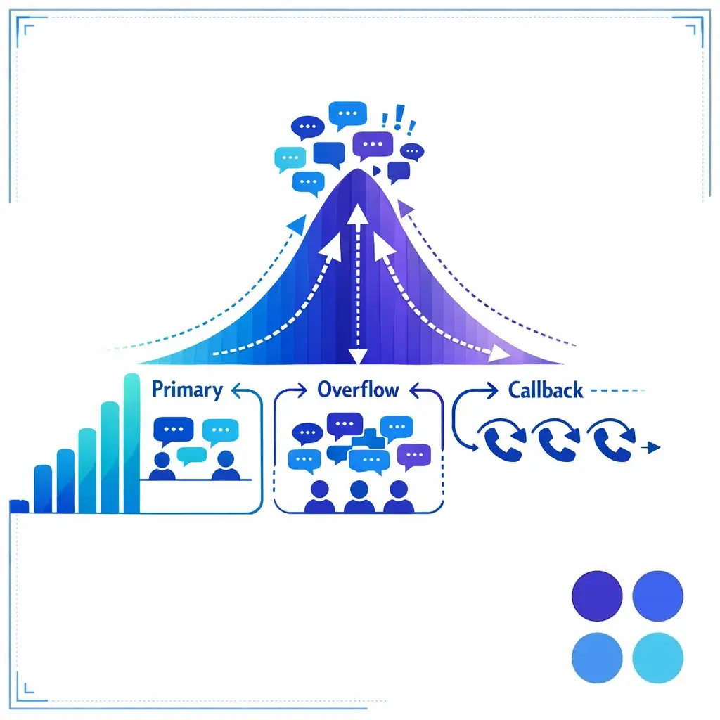 A clean queue graphic shows overflow routing during volume spikes to protect response times and lead capture.