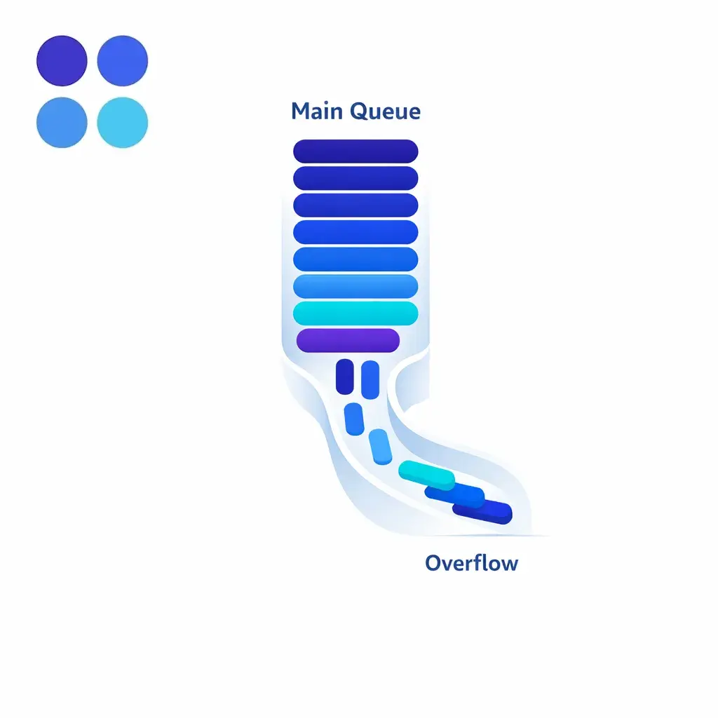 A queue spilling into a backup lane shows overflow coverage maintaining response speed during demand spikes.