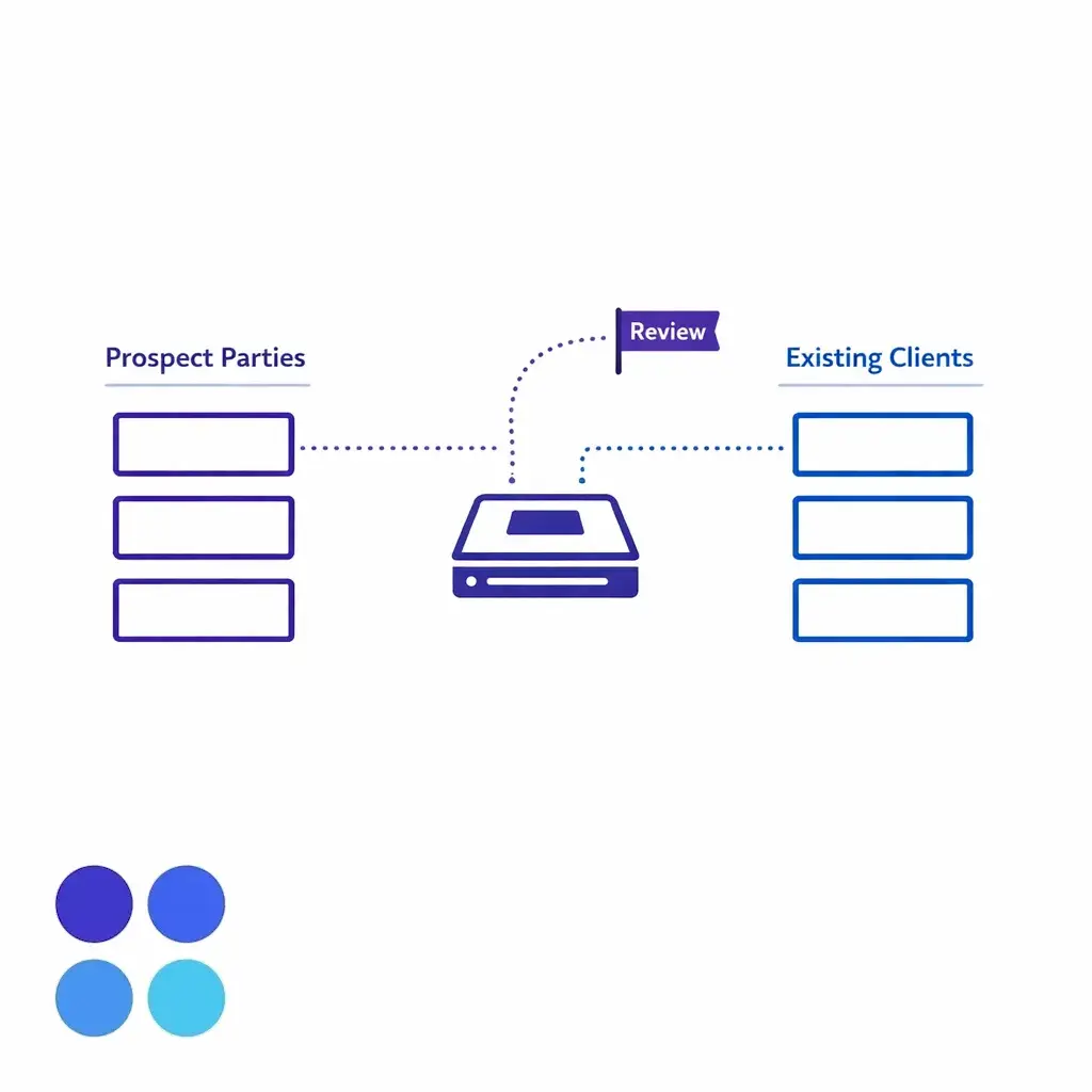 A fast conflict scan compares party names and raises a review flag when matched.