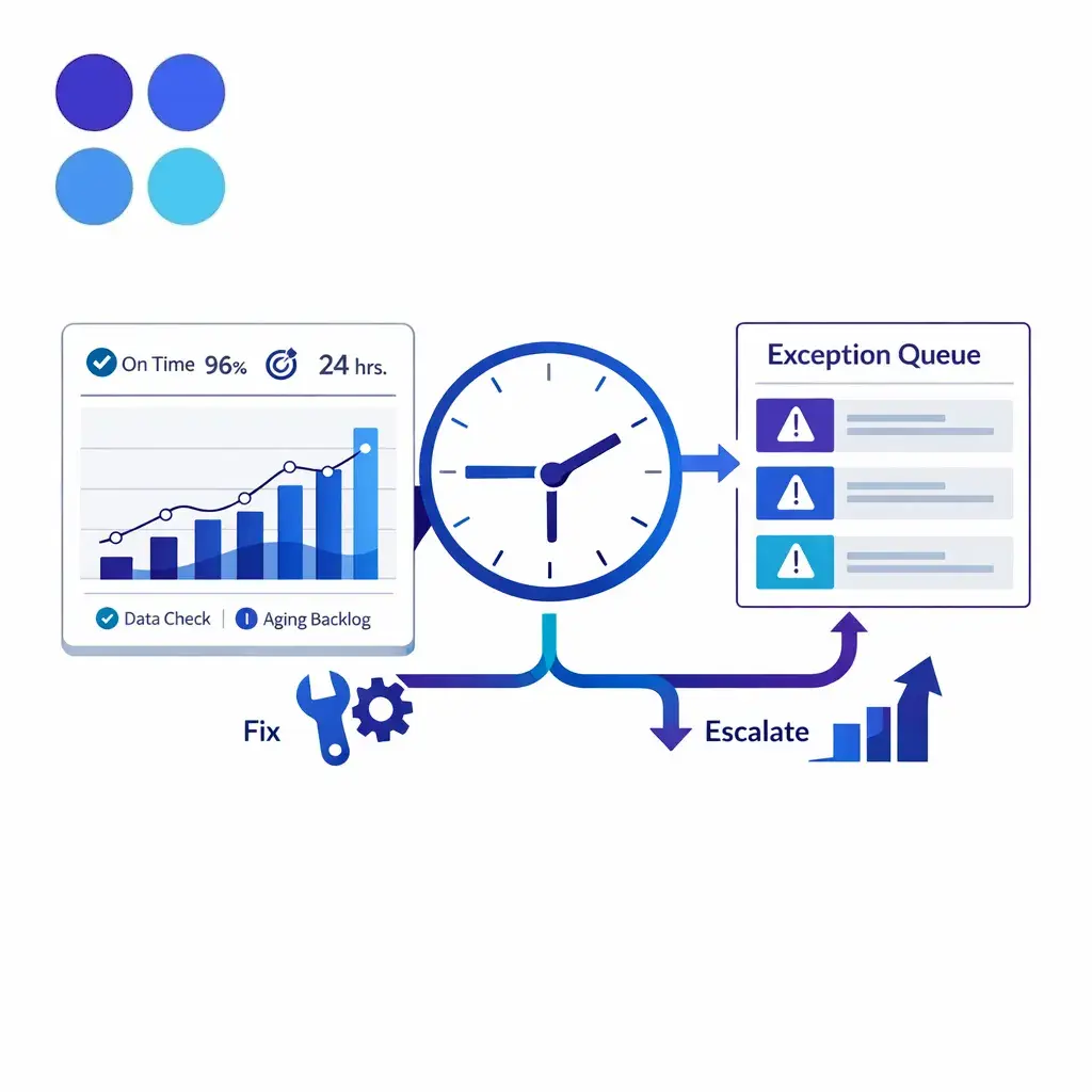 A streamlined dashboard shows reports generated on time while exceptions are sorted into fix or escalate paths.