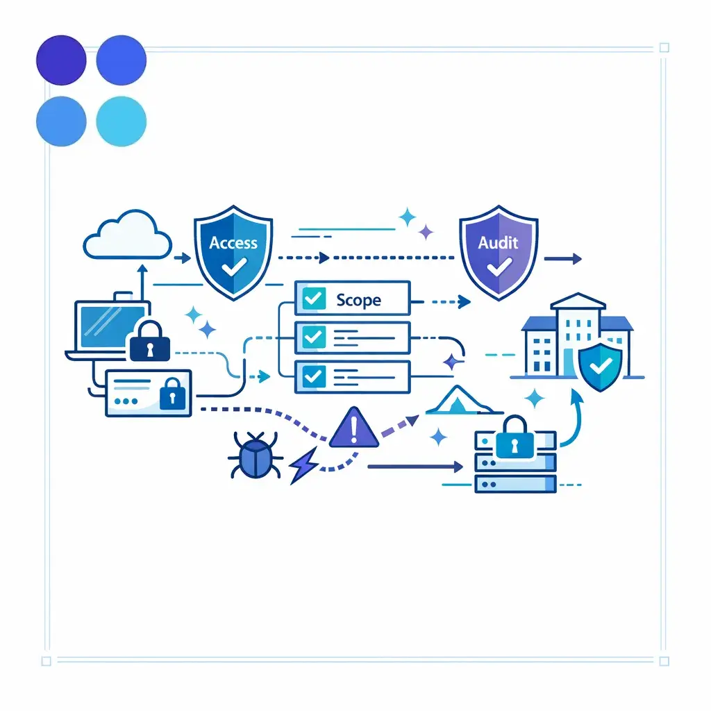 Shielded workflow steps show access control, data handling, and compliance checks for sensitive service operations.