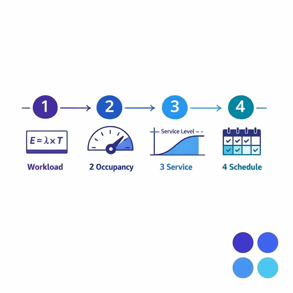A four-step visual flow shows workload, occupancy check, service test, and final schedule conversion.