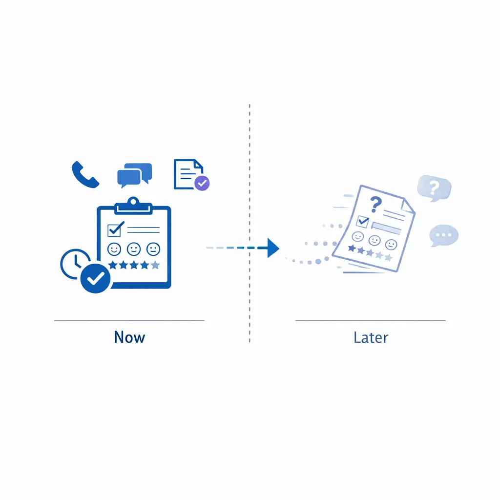 A fast post-interaction survey beats delayed feedback in a simple timeline comparison.