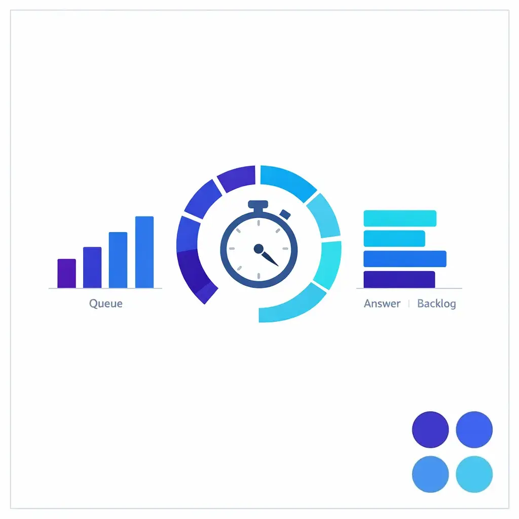 A queue performance graphic illustrates answering most calls quickly with balanced staffing and minimal backlog.