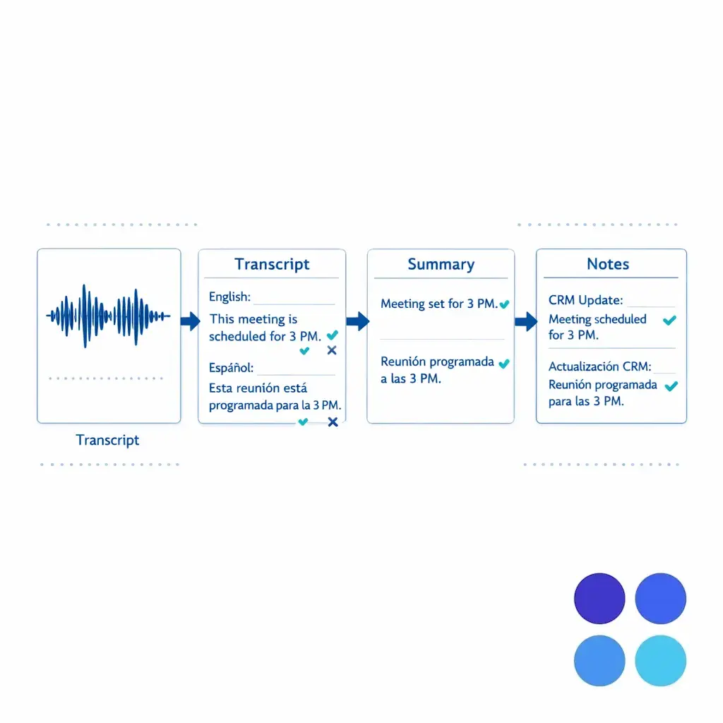 Call audio, transcript, summary, and CRM note cards align in a clean workflow that highlights bilingual accuracy review.