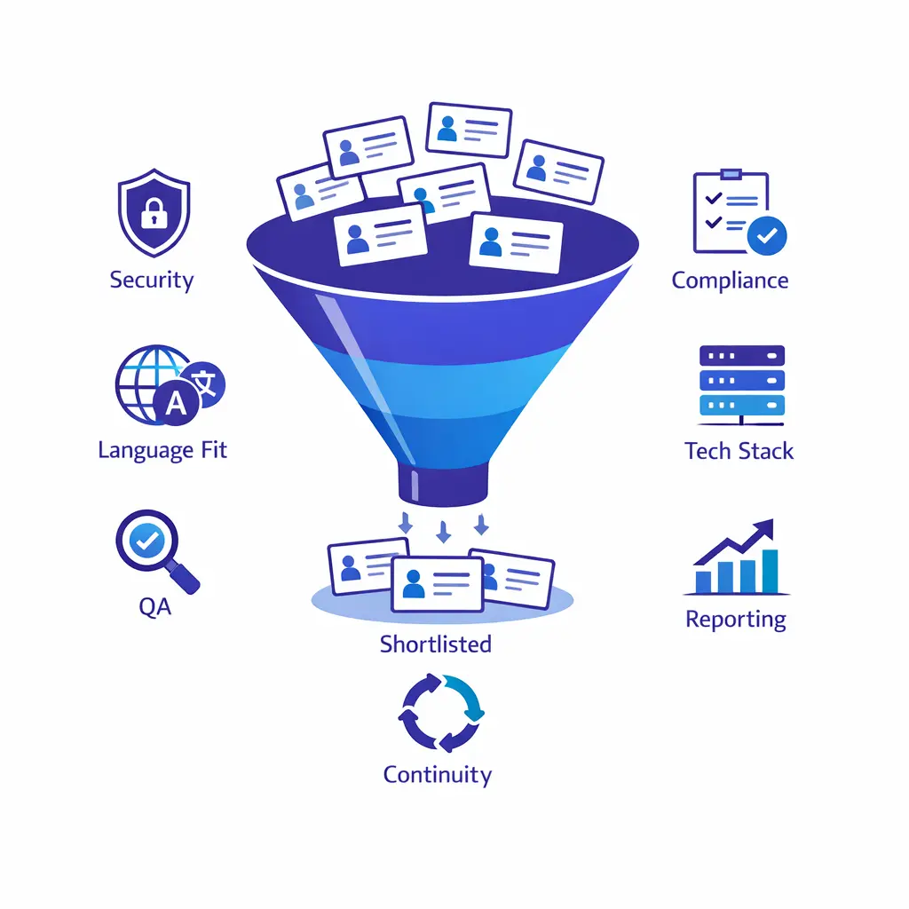A shortlist funnel filters vendors by security, fit, reporting, and governance using clean blue icons.