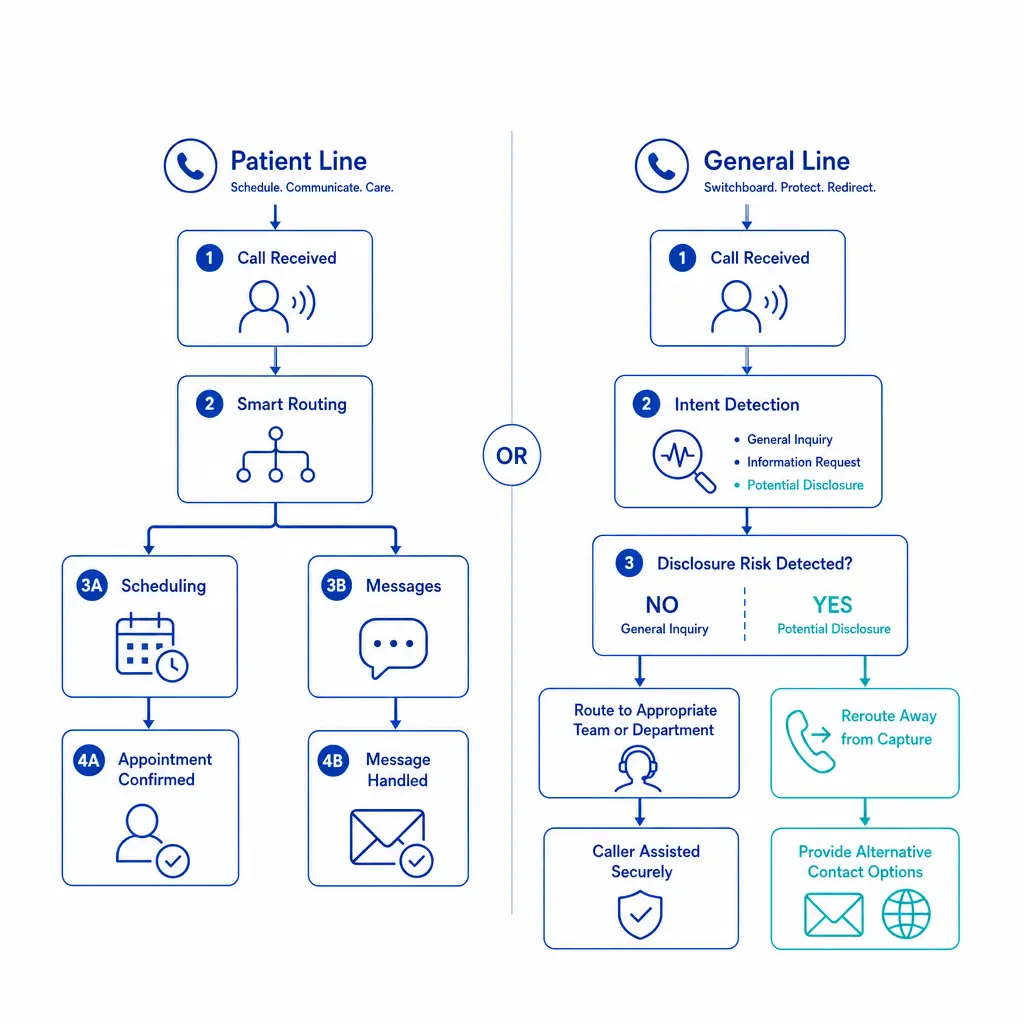 A split visual compares a patient-facing call line with a general business line designed to avoid PHI.