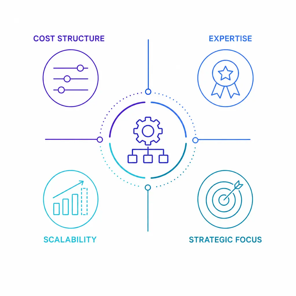 A balanced operational graphic highlights cost flexibility, expertise, scalability, and focus.